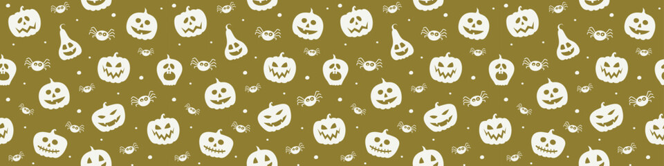 Halloween banner with creepy pumpkins and spiders. Seamless texture. Vector