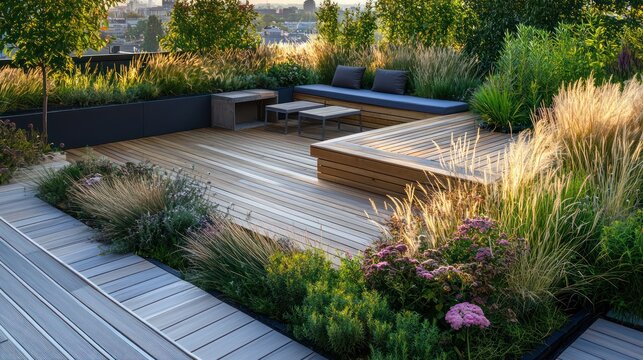 Scandinavian rooftop garden with wooden decking, minimalist planters with native grasses, and simple outdoor seating