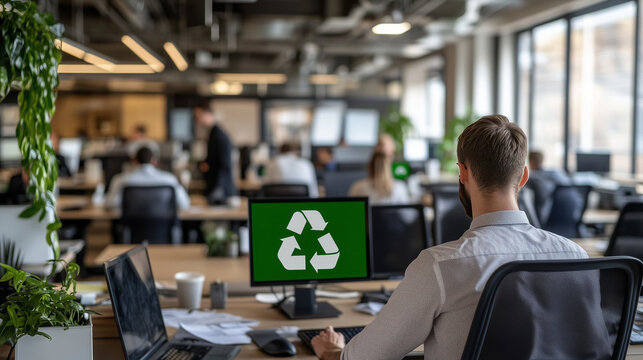 A bustling office space with open workstations and meeting rooms, where a green recycling symbol icon is visible on a digital display, reminding employees of their recycling commit