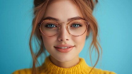 Fototapeta premium pleasant looking female model has tender smile, wears minimal makeup, has long wavy hair, looks at camera with satisfaction