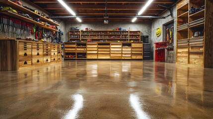 Scandinavian style garage with organized wooden storage, a polished concrete floor, and neat tool racks