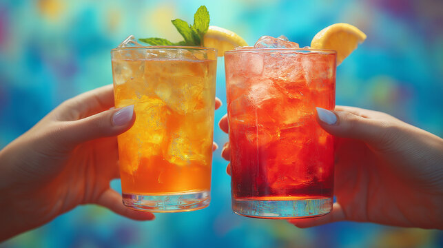 Close up of two people cheering cocktails in bar or tropical beach drinks and cocktails concept