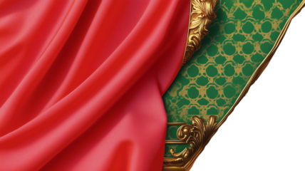 A Medieval style curtain in red and green with gold ornamental embellishment decor, side cut out to transparency behind curtain