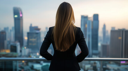 Fototapeta premium The back view of a female executive, standing on a high balcony, her formal suit contrasting with the modern city skyline before her, symbolizing leadership, ambition, and vision.