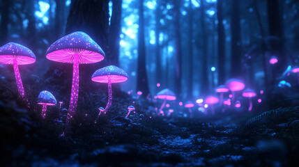Fototapeta premium A dark enchanted forest filled with glowing mushrooms, their caps pulsing with vibrant bioluminescence, illuminating the surrounding trees and creating an ethereal, magical atmosph