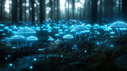 Obraz premium A serene, enchanted forest illuminated by clusters of glowing mushrooms, their bioluminescent caps emitting a soft, magical light that reflects off the dewy leaves and creates a dr