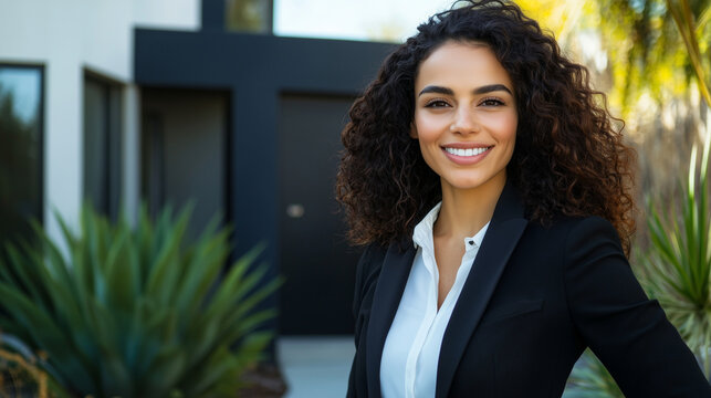 A confident real estate agent with a welcoming smile poses in front of a modern house, its sharp architecture and lush landscaping framing her professional demeanor as she engages