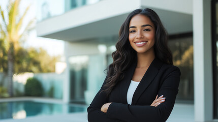 A professional American real estate agent stands confidently outside a luxurious modern home, her friendly demeanor and polished appearance signaling her readiness to assist home b