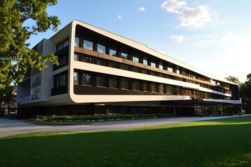 Fototapeta premium Modern Architectural Design: A Sleek Building with Expansive Windows