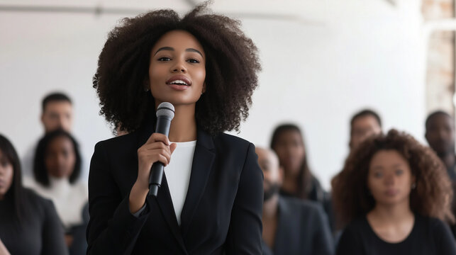 A successful African American businesswoman stands at the microphone, delivering an engaging speech about entrepreneurship and leadership, her confident posture and expressive gest