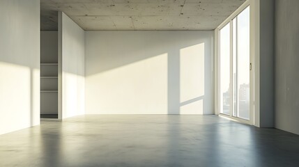 Empty white room with large window and sunbeams. Modern interior design, minimalist style.