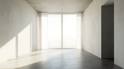 Empty white room with large window, minimalistic interior design