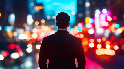The blurred lights of a modern city create a vibrant backdrop for the silhouette of a businessman, unrecognizable yet confident, symbolizing his path toward future financial growth