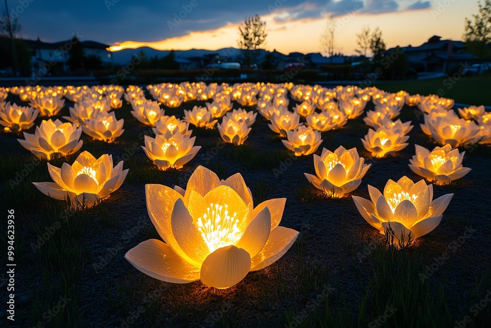 Poster a surreal garden where time is represented by blooming flowers, each petal glowing with soft golden 