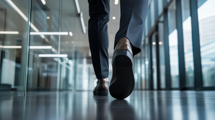 Fototapeta premium A businessmanâs legs, dressed in tailored trousers and sleek leather shoes, stride quickly through an open office space, the minimalist decor and glass partitions of the modern bui