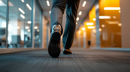 The legs of a businessman in a tailored suit stride swiftly down a well-lit office corridor, his hurried pace reflecting the urgency of an impending meeting in a stylish modern off