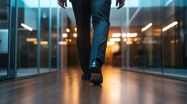 The legs of a businessman in a tailored suit stride swiftly down a well-lit office corridor, his hurried pace reflecting the urgency of an impending meeting in a stylish modern off