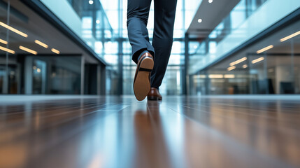 Fototapeta premium A businessmanâs legs move quickly through an expansive office corridor, his suit trousers swaying with his brisk pace, the modern, minimalist design of the building adding to the s