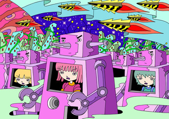 SFイラスト - 宇宙戦争・ロボット・宇宙船・進軍・兵器 © T-KONI