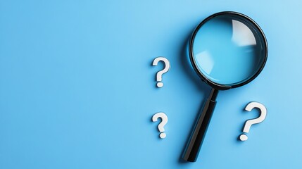 Magnifying glass and question mark signs on a blue background Representing the search for information solutions or answers ideal for inquiry or researchrelated themes