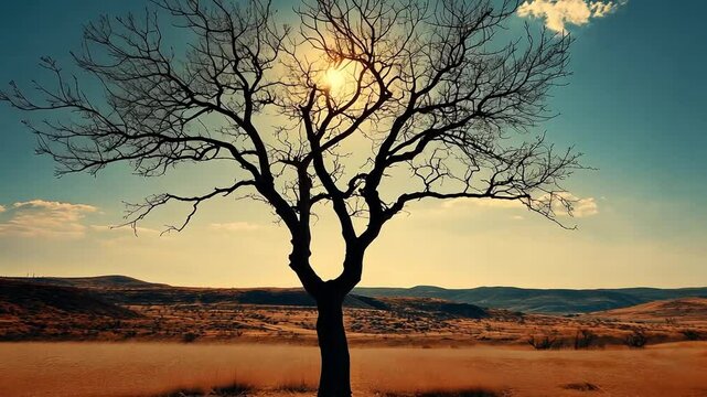 Sun shining through bare tree branches in desert