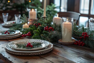 Rustic holiday table setting with candles