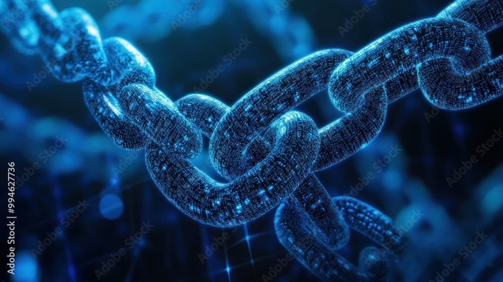 Poster a close-up view of a digital chain made of blue glowing particles