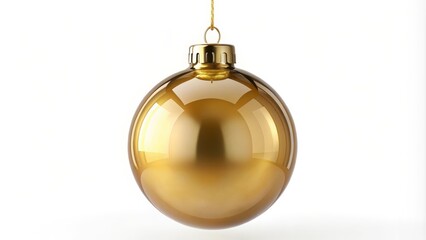 Golden christmas bauble is hanging on a white background reflecting the light