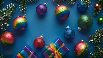 Rainbow Wrapping Christmas Gift with Pine Branch and Christmas Ornaments
