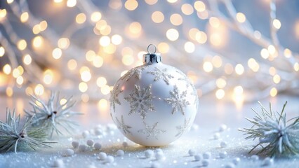 White christmas ornament with silver snowflakes sits on a glittery surface with pine branches and sparkling string lights