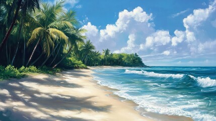 A Tropical Beach with Palm Trees and Ocean Waves