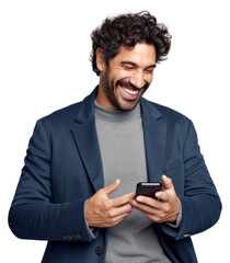 Men holding a phone smile and laugh happy laughing adult white background.
