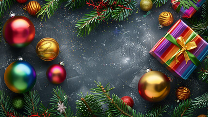 Rainbow Wrapping Christmas Gift with Pine Branch and Christmas Ornaments
