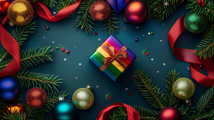 Rainbow Wrapping Christmas Gift with Pine Branch and Christmas Ornaments
