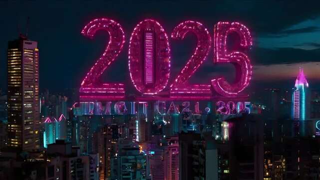 Neon ext '2025' prominently displayed across modern city buildings