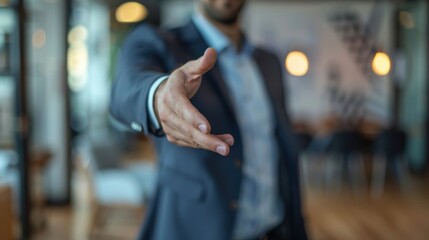 Closeup of a businessman reaching out for a handshake to greet and welcome. Engaging in networking and negotiations for a potential deal or job advancement