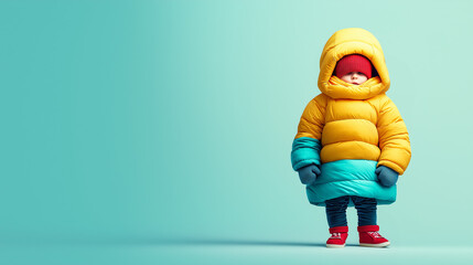 Child bundled up in oversized winter clothing, ready for the cold season, parents care, winter and New Year fun