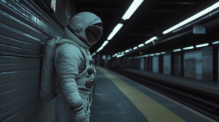 Astronaut Standing Alone on Subway Platform