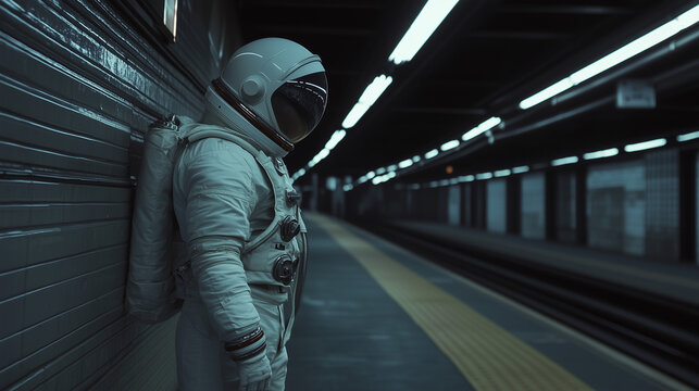 Astronaut Standing Alone on Subway Platform