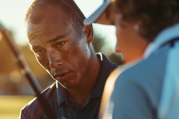 Instructing a man on his golf swing and putting technique outdoors. Support for a golfer preparing for exercise and training on a green course with a club