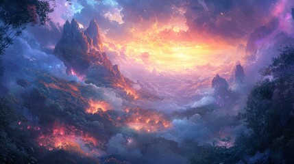 Fototapeta premium Ethereal Mountain Landscape with Glowing Clouds and Volcanic Activity