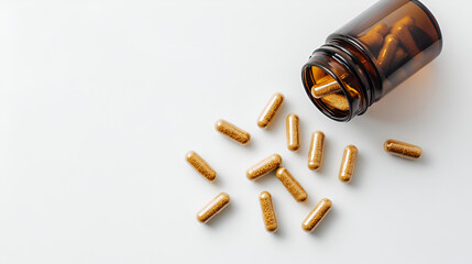 capsule pills spread out of plastic drug bottles. Healthcare and medicine. Pharmaceutical industry. Pharmacy product. Medication.