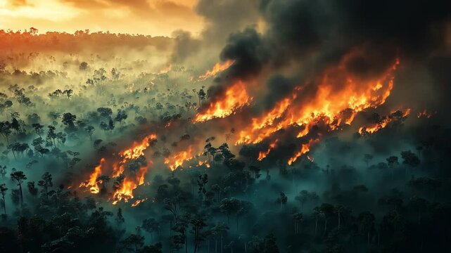 Wildfire burning through lush tropical forest at sunset