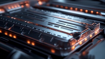 Electric Vehicle Battery Close Up: A mesmerizing close-up of an electric vehicle battery, showcasing its intricate circuitry and glowing orange lights.