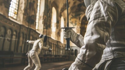 Fototapeta premium Fencers engage in a training bout in a hall, showcasing martial arts skills with masks and outfits for fitness and competition in swordplay