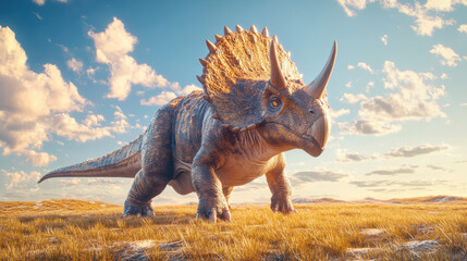 Fototapeta premium A triceratops-style dinosaur in an open, grassy savannah, with tall grass brushing against its legs, a vast blue sky overhead,