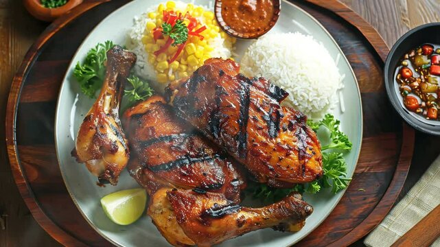 Chicken inasal on the table moves with smoke around