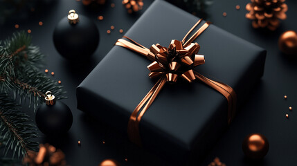 Top view photo of giftbox in black packaging with black ribbon bow and golden sequins on isolated black background with empty space