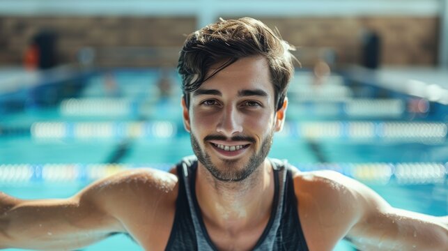 Man warming up and stretching for swimming training at an indoor pool, smiling as he prepares for a fitness routine and cardio workout
