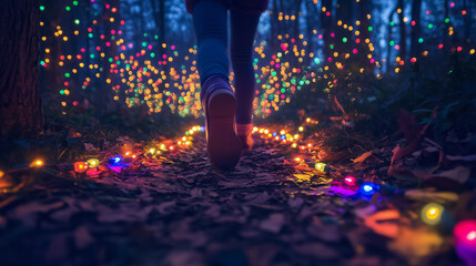 woman legs walking in a forest with colorful lights along the path during the christmas season, celebrating new year with a sense of adventure and freedom